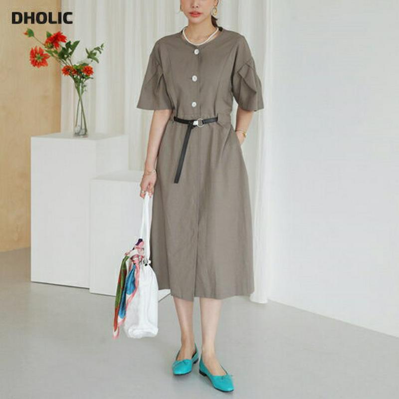 ベルト付ボタンパフワンピース・全2色・b63471 レディース【ops】【韓国 ファッション ワンピース ロング ロングワンピー