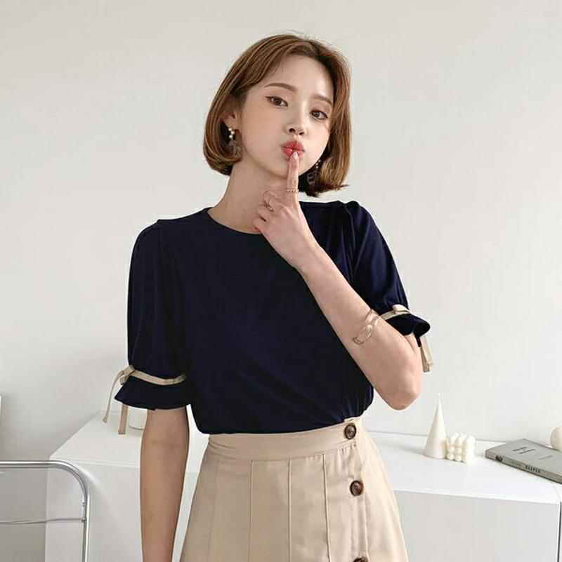 フリルリボンスリーブTシャツ・全3色・b60629 レディース【tops】【韓国 ファッション トップス Tシャツ 半袖 ラウン