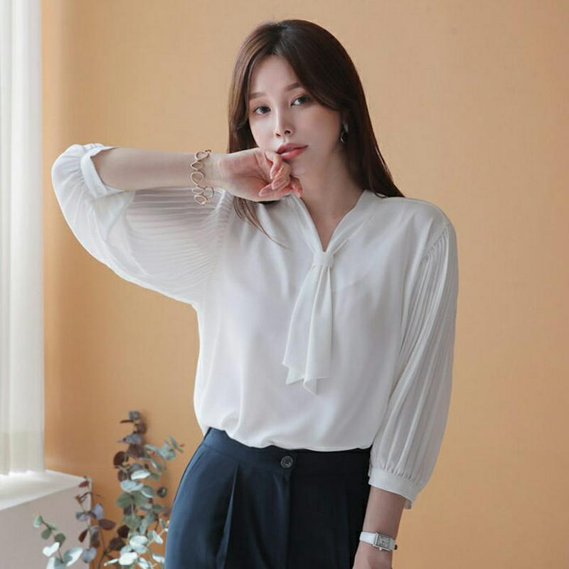 リボンプリーツスリーブブラウス・全4色・b63463 レディース【bl】【韓国 ファッション トップス ブラウス 上品 プリーツ
