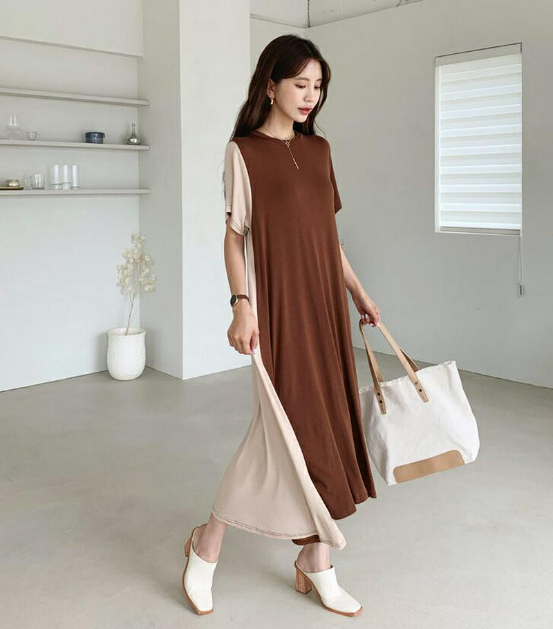 バイカラーワンピース・全3色・t60457 レディース【ops】【韓国 ファッション ワンピース ロングワンピース 半袖 ラウン