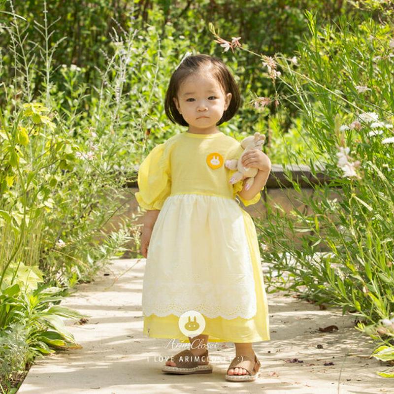 パッチポイントレイヤードワンピース・p004576 キッズ【0~2才】【ops】【ワンピース ロングワンピース ラウンドネック パフスリーブ レイヤード 配色 ウサギ コットン 綿 女の子 ベビー かわいい 韓国 韓国子供服 子供 こども 子供服 】【KIDS】