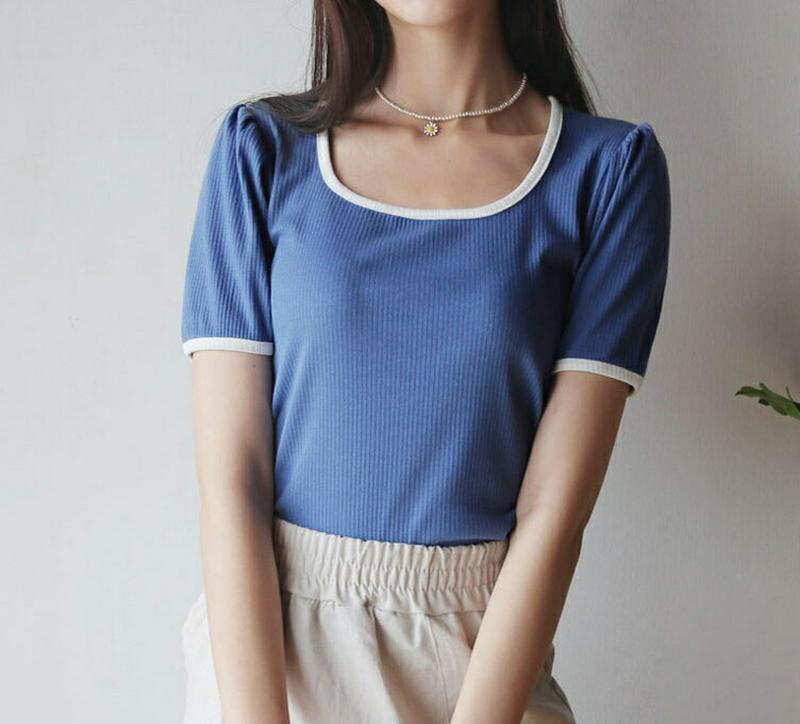 【新作10%OFF】スクエア配色リブTシャツ・全4色・t60499 レディース【tops】【韓国 ファッション トップス Tシャ
