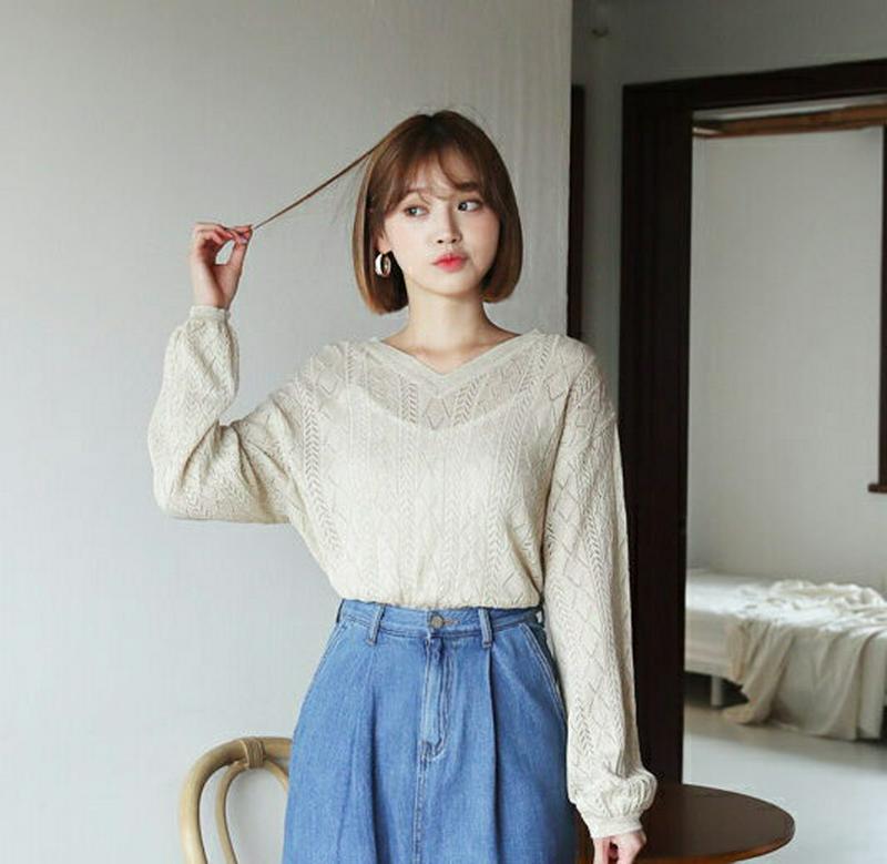 【新作10%OFF】Vネックジグザグパンチングニット・全3色・t60512 レディース【tops】【韓国 ファッション トップス