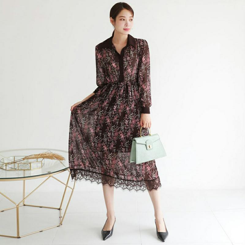 【新作10%OFF】レースヘムカラー花柄ワンピース・全3色・t63428 レディース【ops】【韓国 ファッション ワンピース 