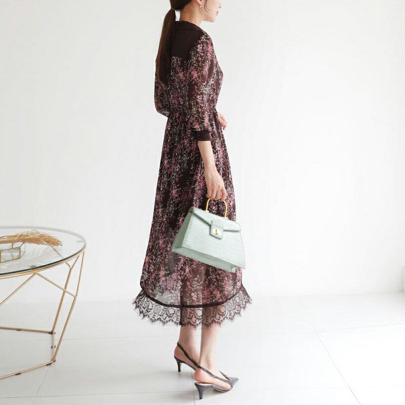 【新作10%OFF】レースヘムカラー花柄ワンピース・全3色・t63428 レディース【ops】【韓国 ファッション ワンピース 