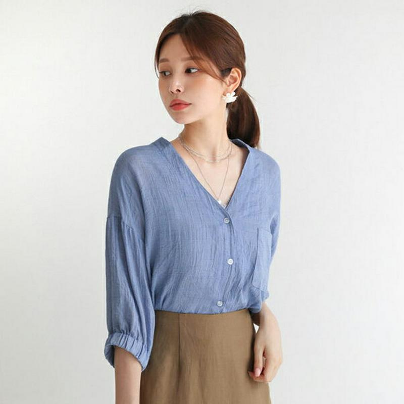 【新作10%OFF】Vネックポケットボタンブラウス・全3色・t63419 レディース【bl】【韓国 ファッション トップス ブラ
