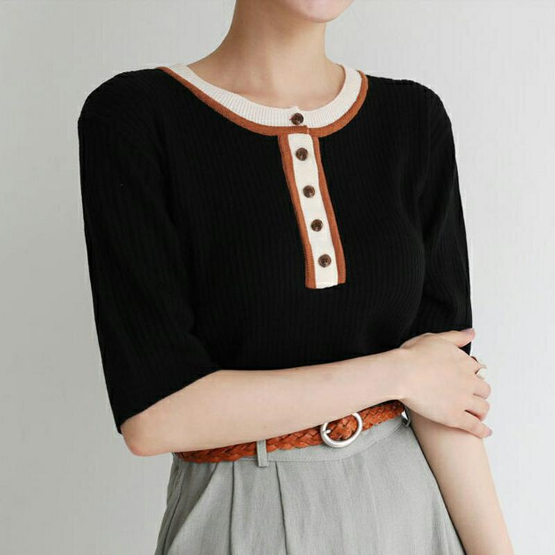 【新作10%OFF】ラウンド配色ボタンニット・全4色・t63431 レディース【tops】【韓国 ファッション トップス ニット
