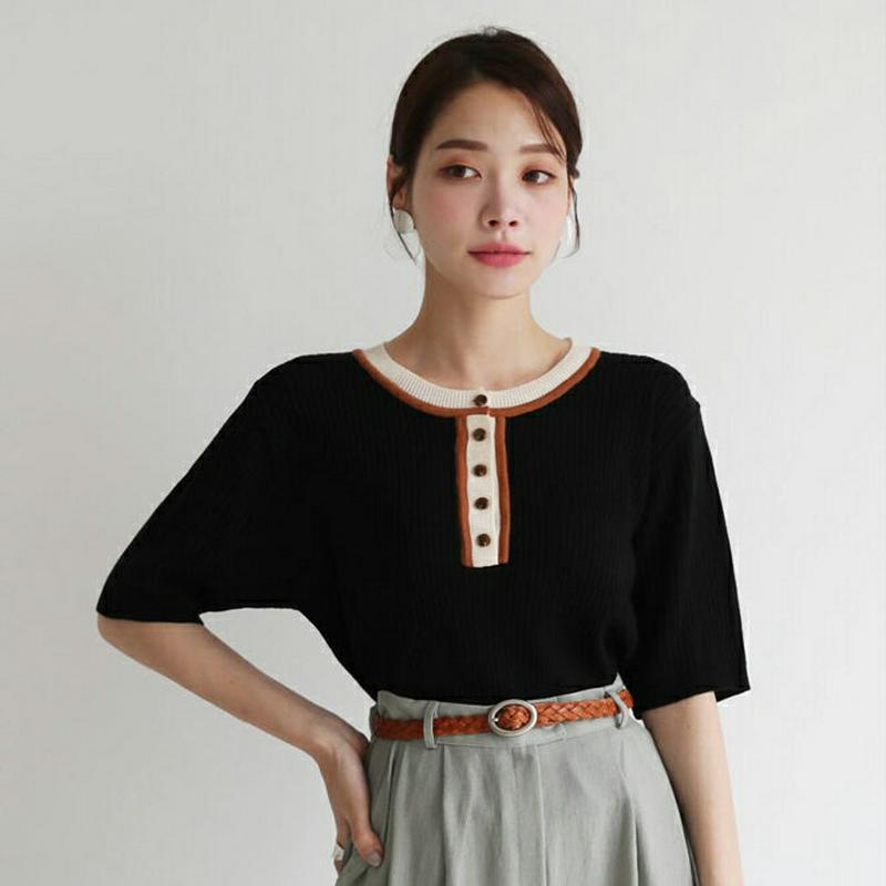 【新作10%OFF】ラウンド配色ボタンニット・全4色・t63431 レディース【tops】【韓国 ファッション トップス ニット
