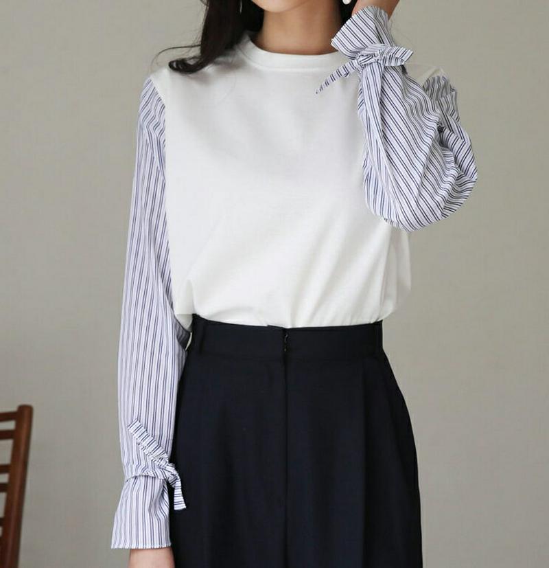 【新作10%OFF】ストライプリボンスリーブTシャツ・全3色・b60714 レディース【tops】【韓国 ファッション トップス