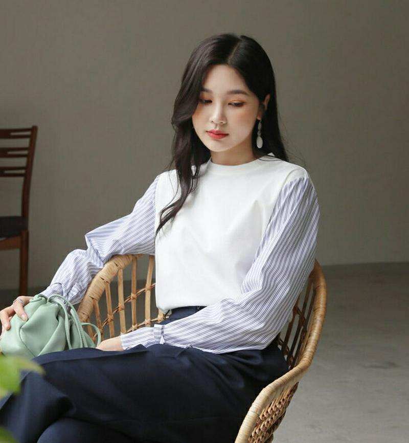 【新作10%OFF】ストライプリボンスリーブTシャツ・全3色・b60714 レディース【tops】【韓国 ファッション トップス