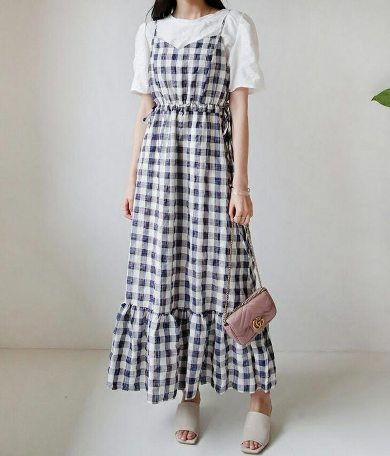 【新作10%OFF】ブラウス付チェックワンピース・全1色・60721 レディース【ops】【韓国 ファッション ワンピース ロン
