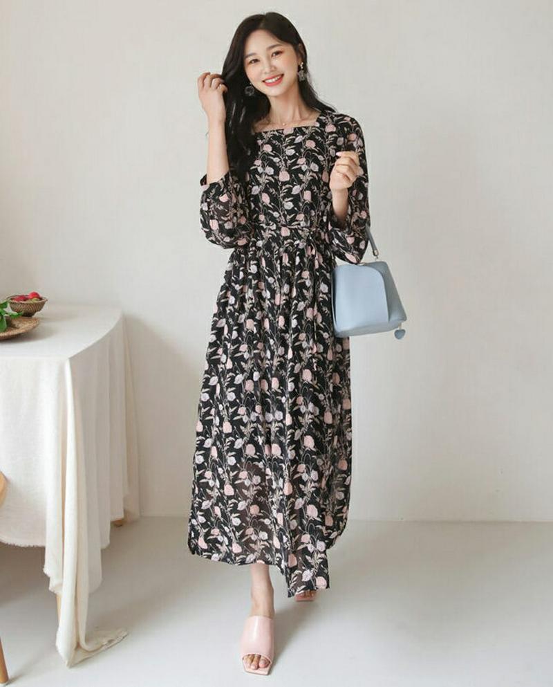 【新作10%OFF】ストラップ付スクエア花柄ワンピース・全3色・t60725 レディース【ops】【韓国 ファッション ワンピー