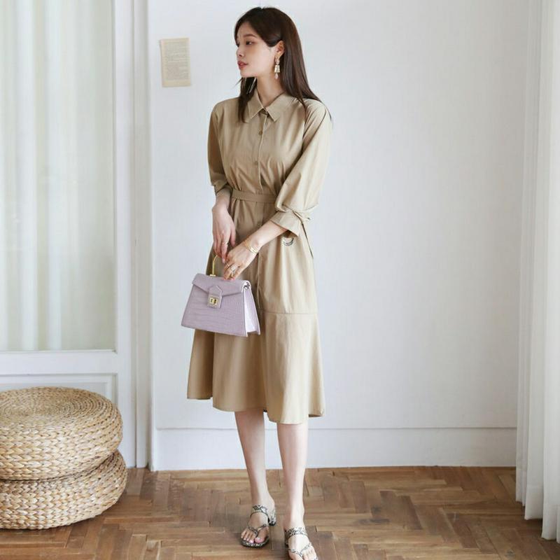 【新作10%OFF】ベルト付フレアシャツワンピース・全2色・b63508 レディース【ops】【韓国 ファッション ワンピース 