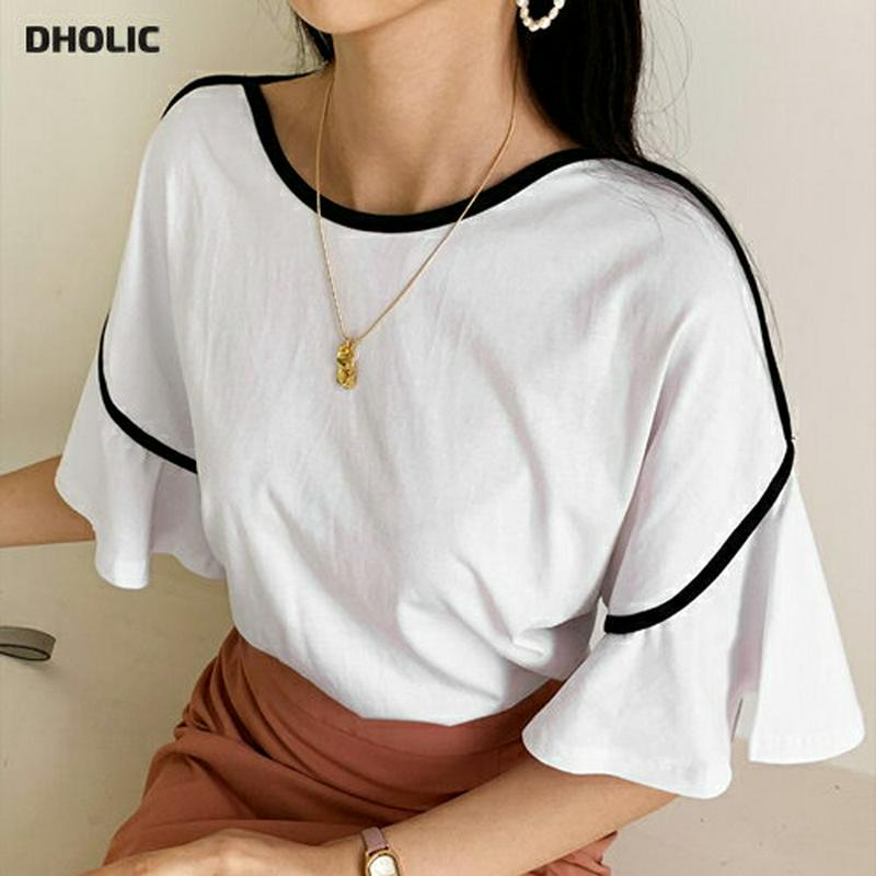 【新作10%OFF】配色ラインフレアスリーブTシャツ・全3色・t60531 レディース【tops】【韓国 ファッション トップス