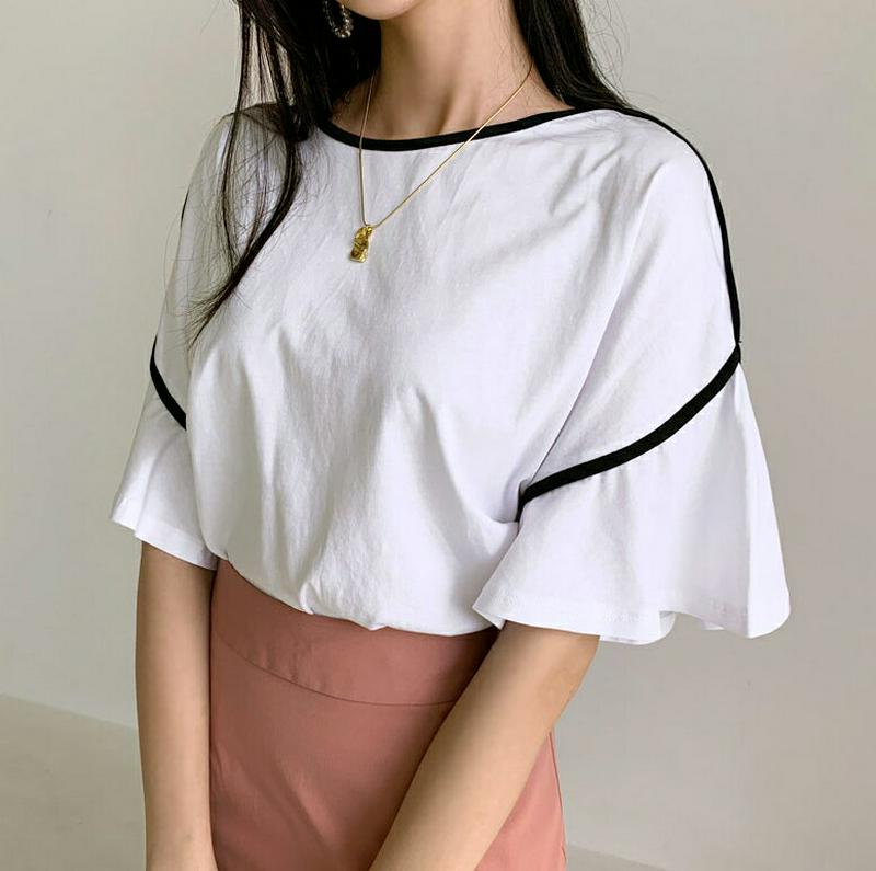 【新作10%OFF】配色ラインフレアスリーブTシャツ・全3色・t60531 レディース【tops】【韓国 ファッション トップス