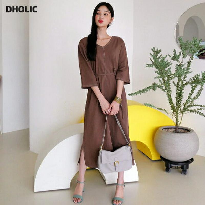 【新作10%OFF】ストラップ付ステッチVネックワンピース・全3色・t60547 レディース【ops】【韓国 ファッション ワン