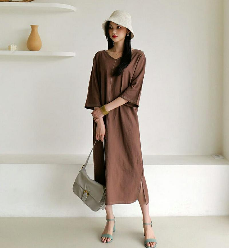 【新作10%OFF】ストラップ付ステッチVネックワンピース・全3色・t60547 レディース【ops】【韓国 ファッション ワン