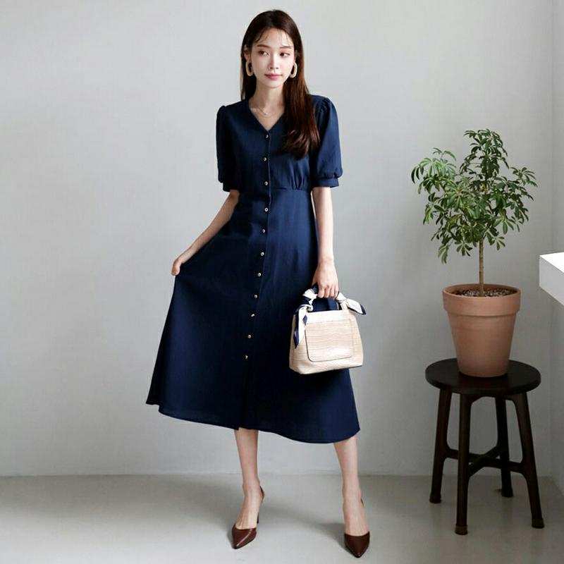 【新作10%OFF】ゴールドボタンフレアワンピース・全5色・t63507 レディース【ops】【韓国 ファッション ワンピース 