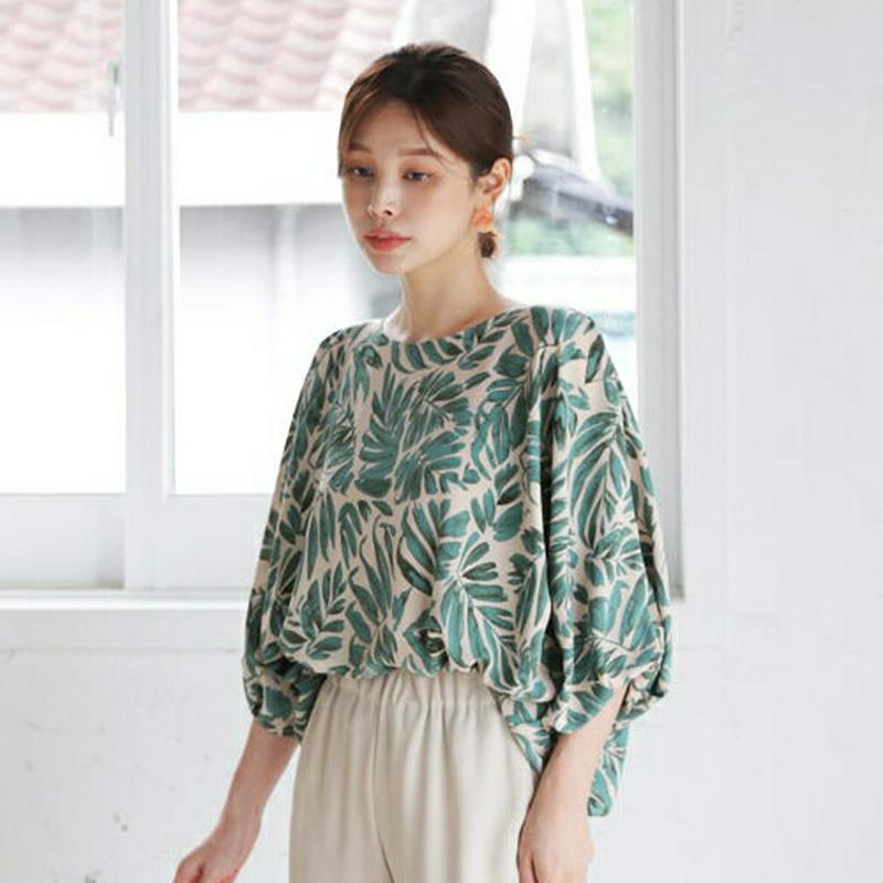 【新作10%OFF】リーフパターンブラウス・全3色・b63502 レディース【bl】【韓国 ファッション トップス ブラウス 半