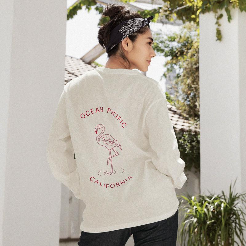 １枚でおしゃれ見せ♪バックプリント長袖Ｔシャツ【ホワイト／ＸＬサイズのみ】（オーシャンパシフィック/OCEAN PACIFIC）