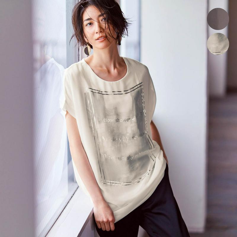 前身頃シフォン使いフレンチスリーブプリントＴシャツ