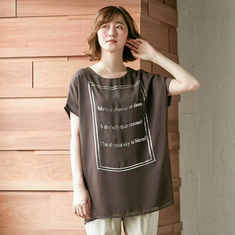 前身頃シフォン使いフレンチスリーブプリントＴシャツ