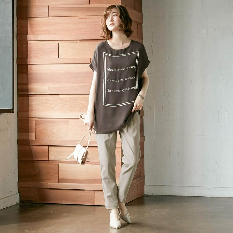 前身頃シフォン使いフレンチスリーブプリントＴシャツ