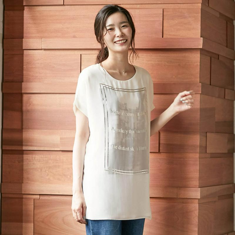 前身頃シフォン使いフレンチスリーブプリントＴシャツ