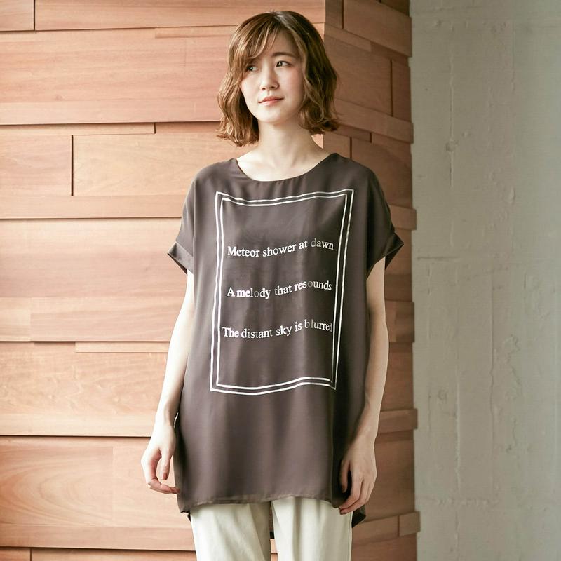 前身頃シフォン使いフレンチスリーブプリントＴシャツ