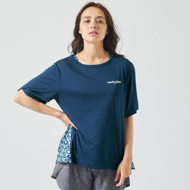 宅トレやリラックスウェアとしても！５分袖レイヤードチュニックＴシャツ【ＵＶケア・吸汗速乾】（マリ・クレール スポール/marie claire sport）