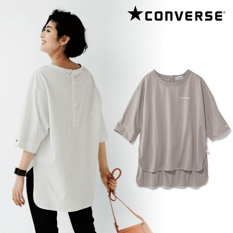 後ろボタンで重ね着に最適◎刺繍使い６分袖Ｔシャツ（コンバース/CONVERSE）
