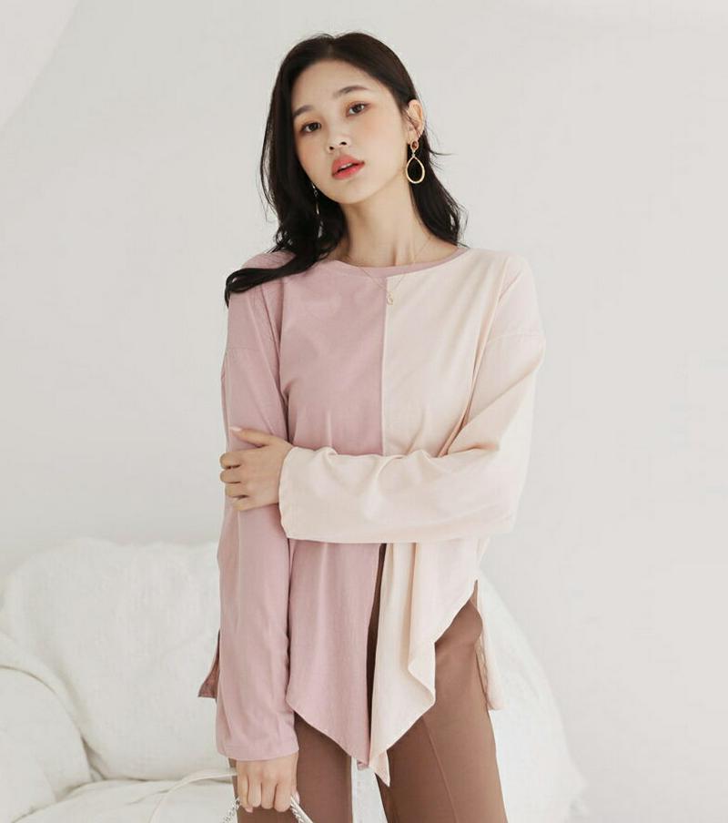 【新作10%OFF】配色スリットヘムTシャツ・全4色・t47892 レディース【tops】【韓国 ファッション トップス Tシャ