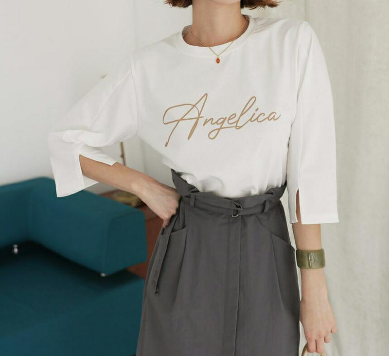 【新作10%OFF】レタリングスリーブスリットTシャツ・全4色・b47890 レディース【tops】【韓国 ファッション トップ