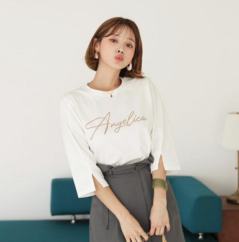 【新作10%OFF】レタリングスリーブスリットTシャツ・全4色・b47890 レディース【tops】【韓国 ファッション トップ