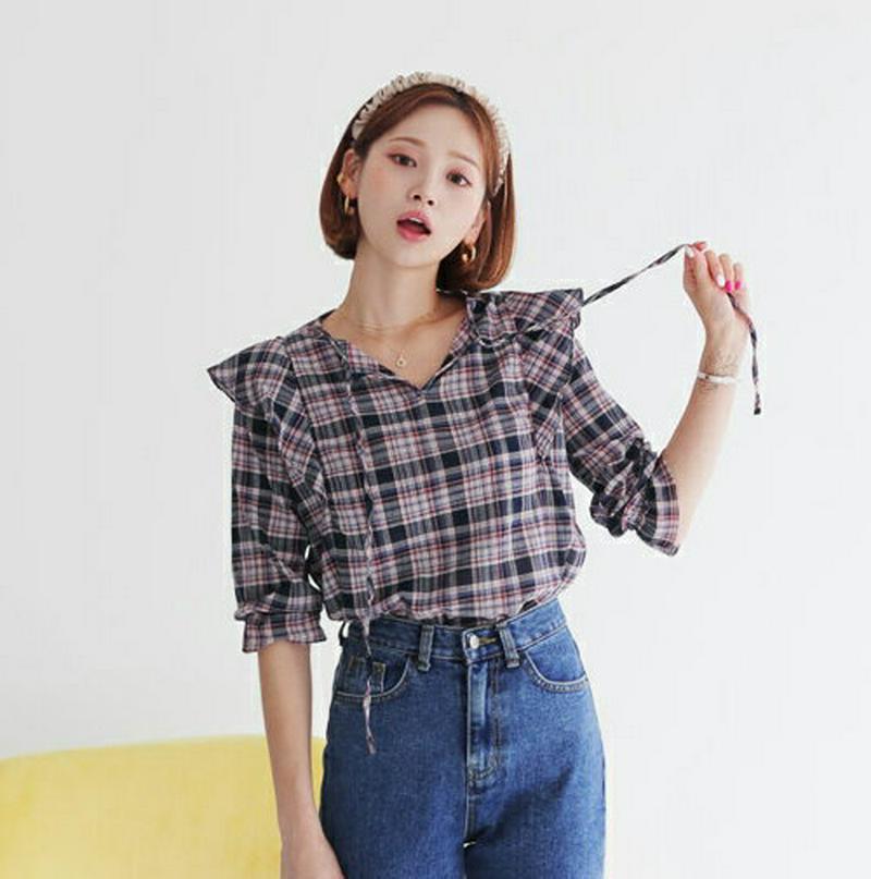 【新作10%OFF】チェックフリルブラウス・全3色・t47899 レディース【bl】【韓国 ファッション トップス ブラウス 五