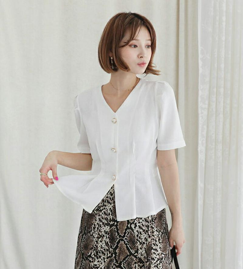 【新作10%OFF】Vネックパールボタンタックブラウス・全3色・b47918 レディース【bl】【韓国 ファッション トップス 