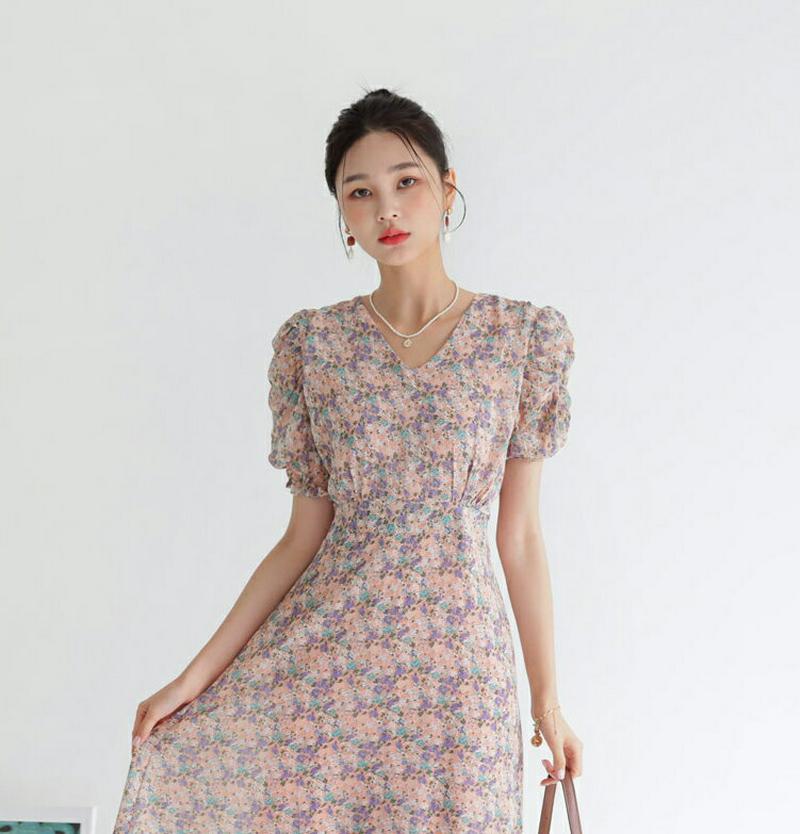 【新作10%OFF】パフフローラルワンピース・全2色・e47902 レディース【ops】【韓国 ファッション ワンピース ロング