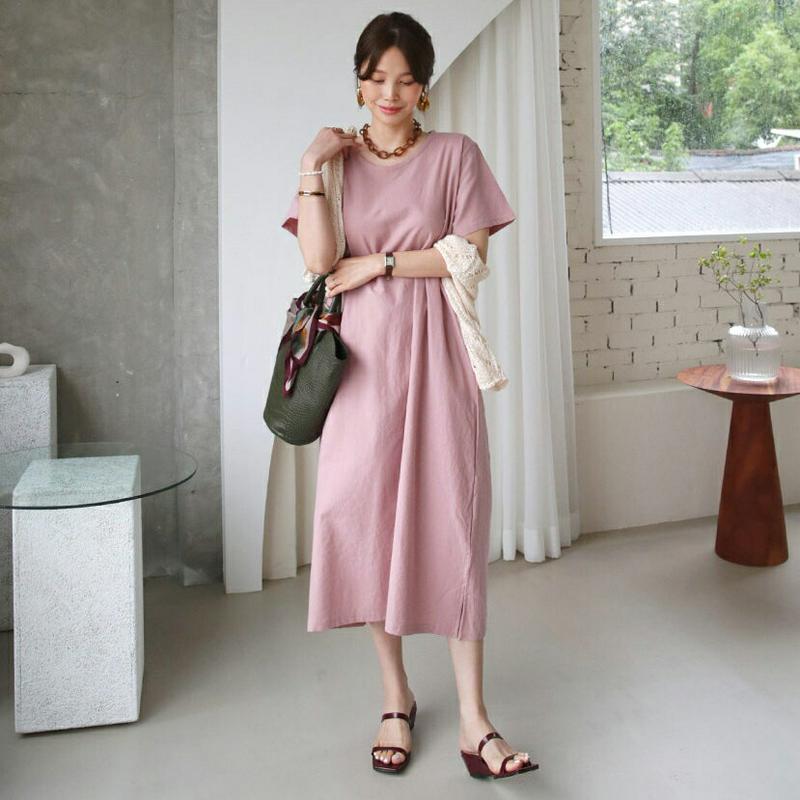 【新作10%OFF】リネン混ショートスリーブワンピース・全4色・t63542 レディース【ops】【韓国 ファッション　ワンピー