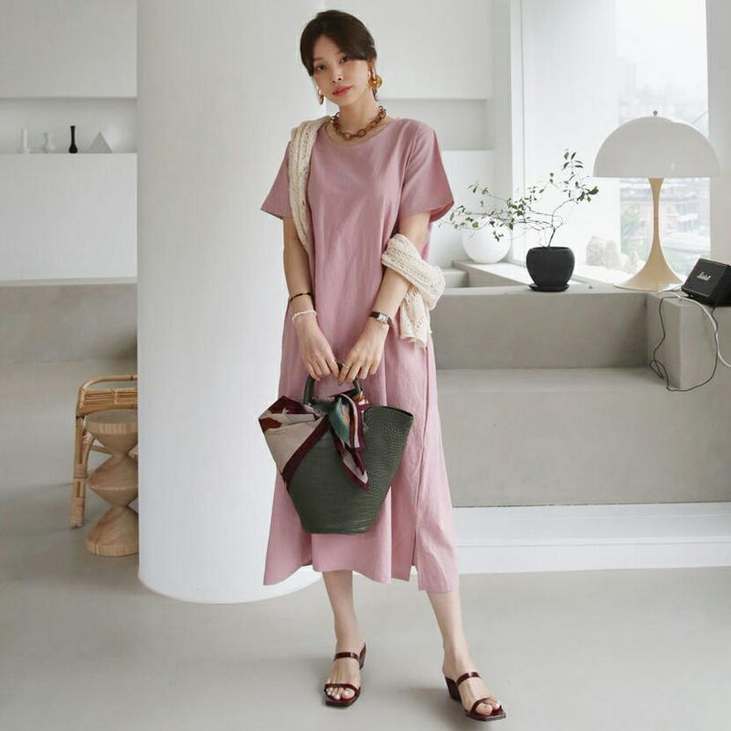 【新作10%OFF】リネン混ショートスリーブワンピース・全4色・t63542 レディース【ops】【韓国 ファッション　ワンピー