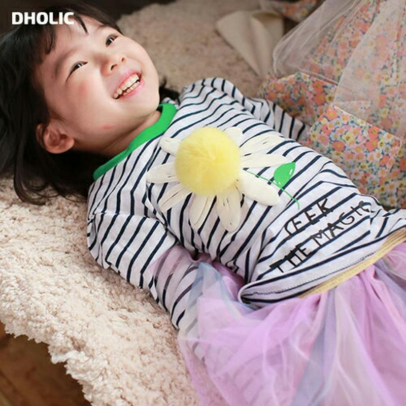 【新作10%OFF】ポンポンフラワーボーダーTシャツ・u04828 キッズ【3~8才】【tops】【トップス Tシャツ ボーダー