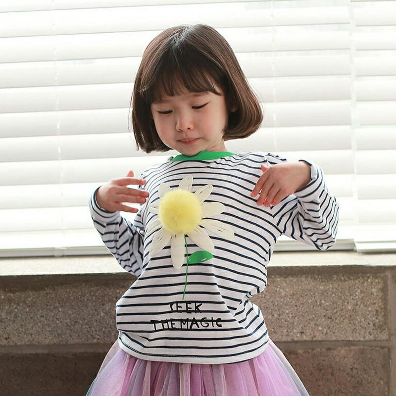 【新作10%OFF】ポンポンフラワーボーダーTシャツ・u04828 キッズ【3~8才】【tops】【トップス Tシャツ ボーダー