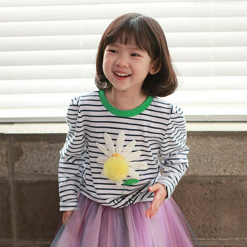 【新作10%OFF】ポンポンフラワーボーダーTシャツ・u04828 キッズ【3~8才】【tops】【トップス Tシャツ ボーダー