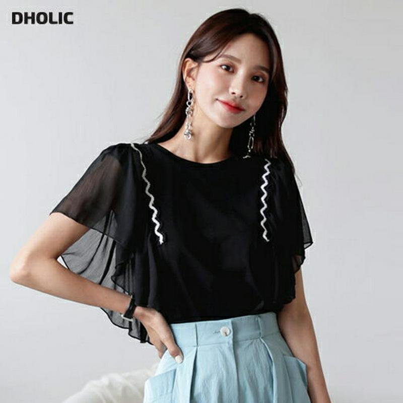 ウェーブ刺繍フレアスリーブTシャツ・全2色・b56680 レディース【tops】【韓国 ファッション トップス Tシャツ フレア