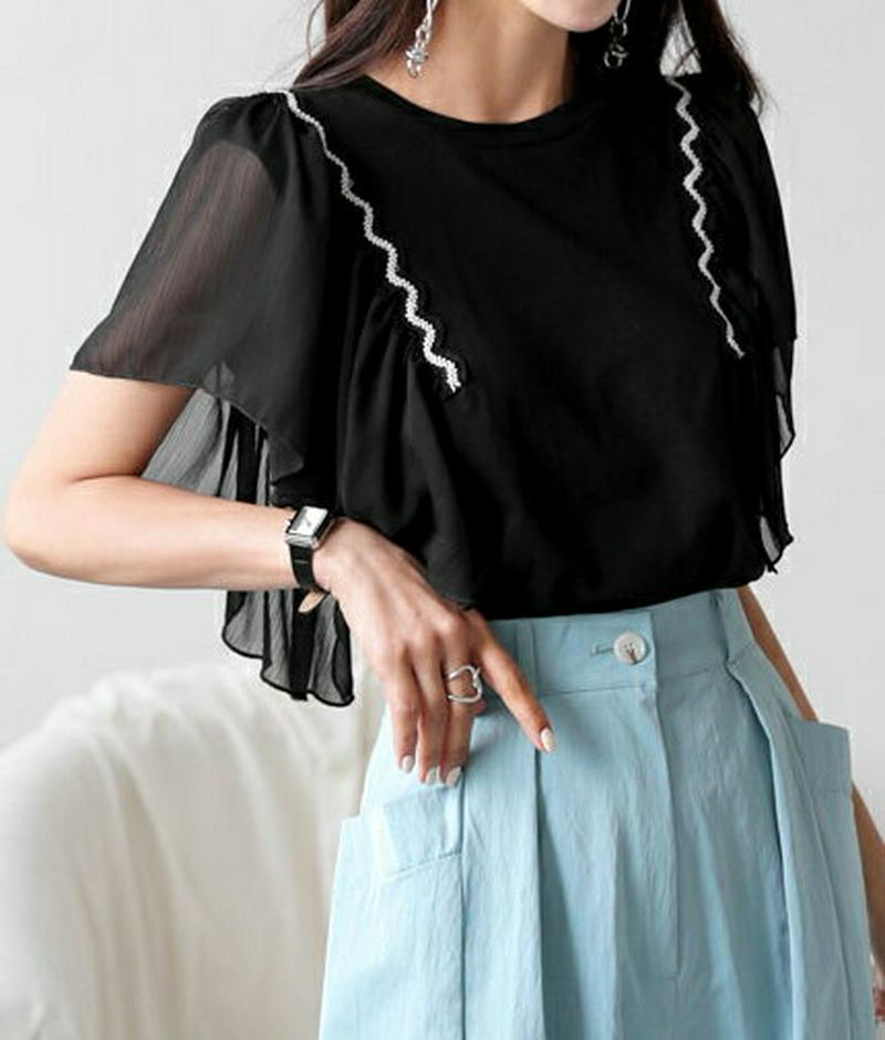 ウェーブ刺繍フレアスリーブTシャツ・全2色・b56680 レディース【tops】【韓国 ファッション トップス Tシャツ フレア