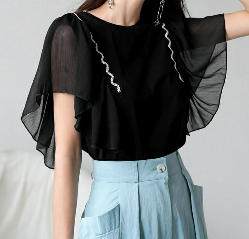 ウェーブ刺繍フレアスリーブTシャツ・全2色・b56680 レディース【tops】【韓国 ファッション トップス Tシャツ フレア
