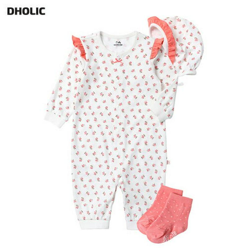 フリル花柄ロンパース3SET・p004809 キッズ【0~2才】【bc】【ロンパース 長袖 ロングパンツ 長ズボン フリル セッ