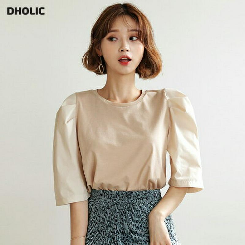 コントラストパフTシャツ・全2色・t56681 レディース【tops】【韓国 ファッション トップス Tシャツ 半袖 ハーフスリ
