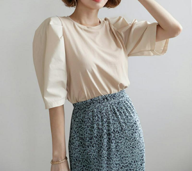 コントラストパフTシャツ・全2色・t56681 レディース【tops】【韓国 ファッション トップス Tシャツ 半袖 ハーフスリ