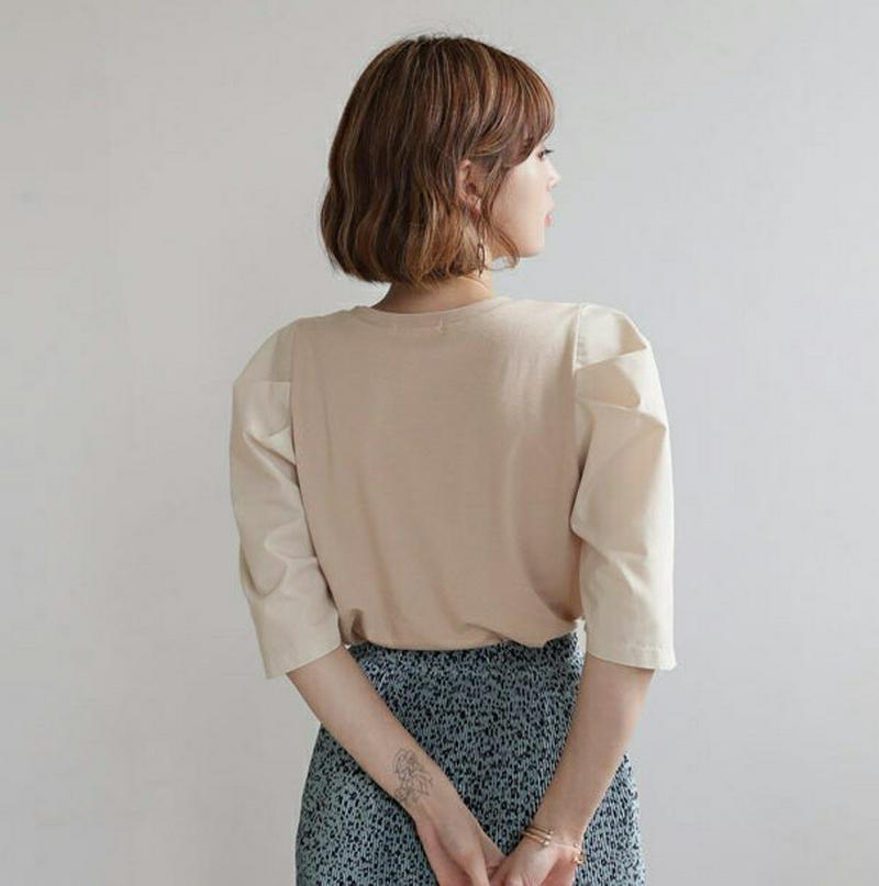 コントラストパフTシャツ・全2色・t56681 レディース【tops】【韓国 ファッション トップス Tシャツ 半袖 ハーフスリ