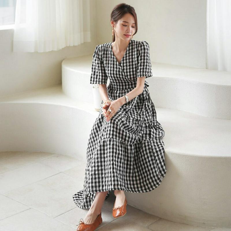 チェックティアードラップワンピース・全2色・b63586 レディース【ops】【韓国 ファッション ワンピース ロング ロングワ